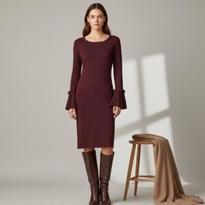 New Nina Leonard Bell Sleeve Midi Sweater Dress Wine Burgundy Ribbed Knit Sz L